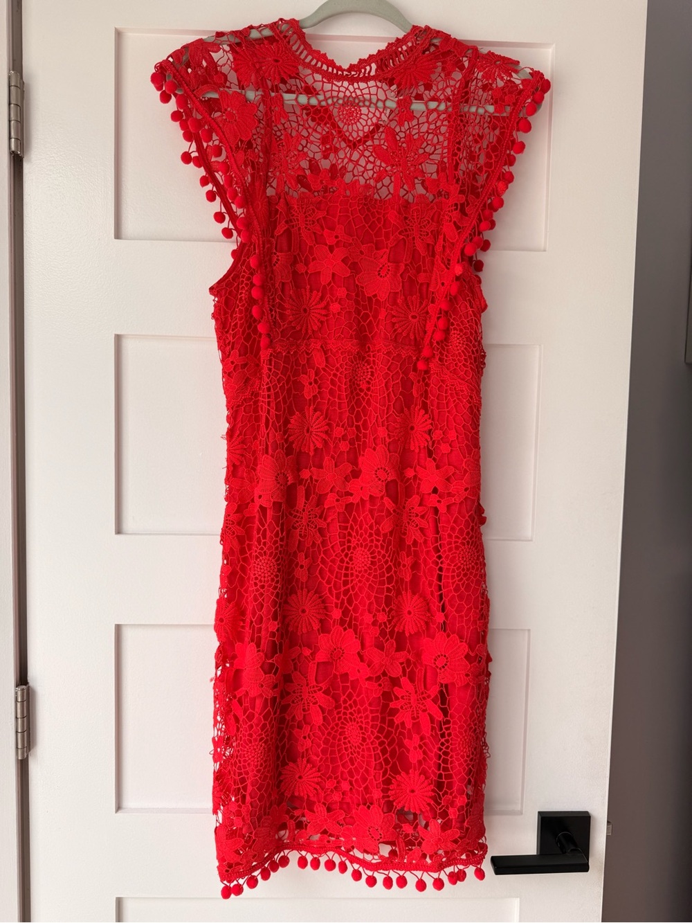Willow & Clay Bright Red Crochet Lace Dress with Pom-Poms
